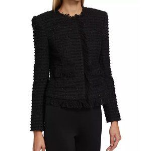 ALFANI New Jacket Blazer Topper Textured Tweed Wool Ribbon Trim Lurex BLACK NWT
